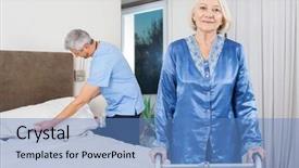  Presentation with granddaughter walking senior - PPT theme consisting of walking frame while caretaker making background and a teal colored foreground