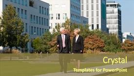  Presentation with people talking - Amazing slide deck having walking in a park backdrop and a tawny brown colored foreground