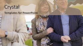  Presentation with senior couple - PPT theme enhanced with walking in green outdoor market background and a coral colored foreground