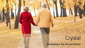  Presentation with elderly - Audience pleasing theme consisting of walking in park on autumn backdrop and a coral colored foreground