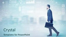  Presentation with walking - Audience pleasing PPT theme consisting of walking in suit with briefcase backdrop and a  colored foreground
