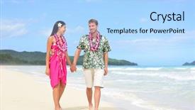  Presentation with leis - Audience pleasing PPT theme consisting of walking on beach with hawaiian backdrop and a light blue colored foreground