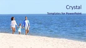  Presentation with holding hands family walking - PPT theme enhanced with family concept parents with daughter holding hands and walking on sea shore background and a light blue colored foreground