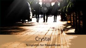  Presentation with group of people silhouettes walking - PPT layouts consisting of walking on street and sunbeam background and a  colored foreground