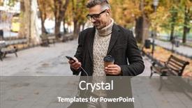  Presentation with man holding phone - Amazing PPT theme having walking outdoors listening to music backdrop and a gray colored foreground