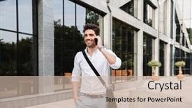  Presentation with successful - Presentation enhanced with walking outdoors talking on mobile background and a soft green colored foreground