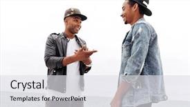  Presentation with photo of armed men - Slide set with walking outdoors talking with each background and a light gray colored foreground