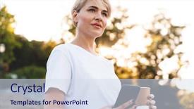  Presentation with cell - PPT layouts consisting of walking street - picture of mature woman 30s background and a  colored foreground