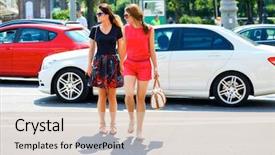  Presentation with street - Audience pleasing PPT layouts consisting of walking together - two cheerful girls summer street backdrop and a soft green colored foreground