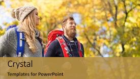  Presentation with tourism - Presentation design featuring walking with backpacks over autumn background and a gold colored foreground