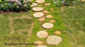  Presentation with abstract round shapes - Theme featuring walkway-in-the-park-garden background and a gold colored foreground