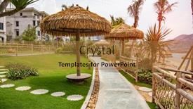  Presentation with public - Beautiful PPT theme featuring walkway-is-behind-public-beach backdrop and a gold colored foreground