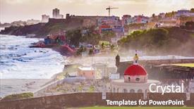  Presentation with san juan puerto rico - Audience pleasing slide deck consisting of walkway ocean - san juan puerto rico historic backdrop and a coral colored foreground