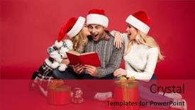  Presentation with family reading - Cool new PPT layouts with photo of shocked cheerful young family wearing christmas hats sitting isolated over burgundy wall background near gifts reading book backdrop and a crimson colored foreground