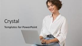  Presentation with young business woman smile show - Theme featuring wall background sitting on stool background and a light gray colored foreground