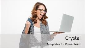  Presentation with lady - Audience pleasing presentation consisting of wall background using laptop computer backdrop and a light gray colored foreground