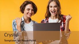  Presentation with laptop and wall - Audience pleasing slide deck consisting of wall background using laptop computer backdrop and a gold colored foreground