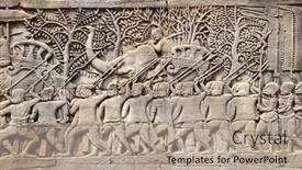  Presentation with famous leaders - Slide set having wall-carving-with-depicting-troops background and a coral colored foreground