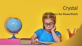  Presentation with words back to school - Slide set enhanced with wall girl reading the book background and a yellow colored foreground