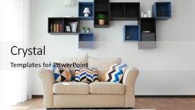  Presentation with living room - Presentation theme with wall hangings - living room interior with sofa background and a  colored foreground