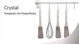  Presentation with stainless steel - Audience pleasing presentation theme consisting of wall hangings - rack of stainless steel kitchen backdrop and a white colored foreground