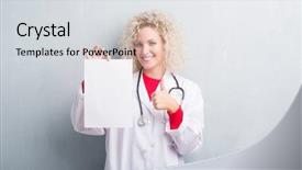 Presentation with doctor helps to get out of bed an elderly woman - Presentation theme enhanced with wall holding blank paper sheet background and a light gray colored foreground