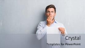  Presentation with woman covering man mouth hand - Colorful PPT theme enhanced with wall holding blank paper sheet backdrop and a light gray colored foreground
