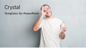  Presentation with water bottle - Cool new PPT theme with funny drinking - young caucasian man over grey backdrop and a light gray colored foreground