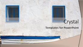  Presentation with poster on white wall above - Audience pleasing PPT theme consisting of wall in white and blue backdrop and a white colored foreground