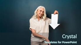  Presentation with dark blue - Presentation having looking camera holding arrow down background and a  colored foreground