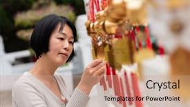  Presentation with golden woman - Slide set having wall on wenwu temple taiwan background and a coral colored foreground