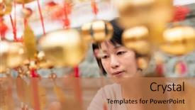 Presentation with golden woman - Audience pleasing presentation design consisting of wall on wenwu temple taiwan backdrop and a coral colored foreground