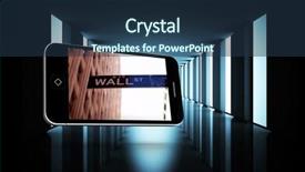  Presentation with wall street - Presentation featuring wall street on smartphone screen against lit up black modern hallway background and a tawny brown colored foreground