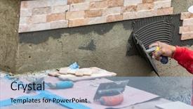  Presentation with construction site construction - Presentation theme featuring wall tile cement with trowel background and a light blue colored foreground
