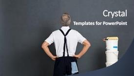  Presentation with paint bucket - Cool new slide deck with wall to paint mature workman backdrop and a dark gray colored foreground