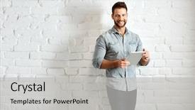  Presentation with paint white brick wall - Audience pleasing slide set consisting of wall using handheld tablet plenty backdrop and a light gray colored foreground