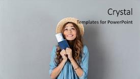  Presentation with happy image - Audience pleasing presentation theme consisting of wall wearing hat holding passport backdrop and a light gray colored foreground
