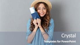  Presentation with happy young student girl holding - Colorful presentation design enhanced with wall wearing hat holding passport backdrop and a  colored foreground