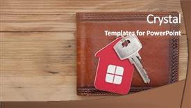  Presentation with key - Presentation featuring wallet and key on wood background and a coral colored foreground