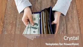  Presentation with hands saving - PPT theme enhanced with wallet and us dollar money background and a coral colored foreground