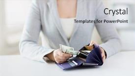  Presentation with hands saving - Slide deck having wallet and us dollar money background and a light gray colored foreground