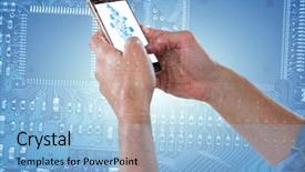  Presentation with holding hands - Presentation theme with close-up of cropped hands holding phone against blue pcb background and a light blue colored foreground