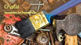  Presentation with nails - Colorful slides enhanced with old set of rusty manual tools with nuts screws and nails backdrop and a tawny brown colored foreground