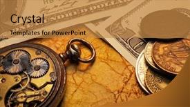  Presentation with time money - Colorful slides enhanced with wallpaper mechanical - time is money concept backdrop and a gold colored foreground