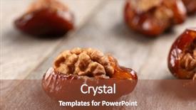 Presentation with date fruit - Theme enhanced with walnut and date fruit on wooden table close-up background and a tawny brown colored foreground