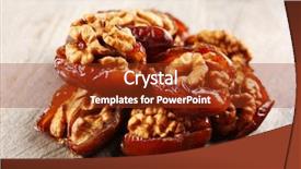  Presentation with date fruit - Theme having walnut and date fruit on wooden table close-up background and a tawny brown colored foreground