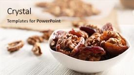 Presentation with date fruit - Slide set featuring walnut and date fruit in plate on wooden table close-up background and a lemonade colored foreground