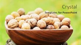  Presentation with walnut - Audience pleasing theme consisting of walnut kernels in a wooden bowl on green background backdrop and a yellow colored foreground