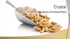  Presentation with poster on white wall above - Slides having walnut kernels in scoop islated background and a white colored foreground