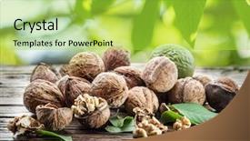  Presentation with walnut - Slide set featuring walnuts on the wooden table background and a yellow colored foreground
